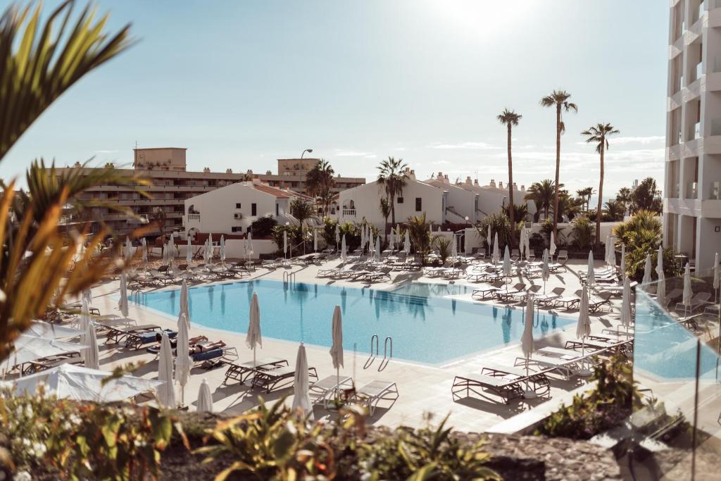 Sunlit pool terrace with sun loungers and palm trees at the 4-star hotel in Tenerife
